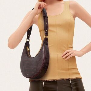 JW PEI Carly Saddle Bag Brown Croc Vegan Leather Shoulder Bag Gold Hardware